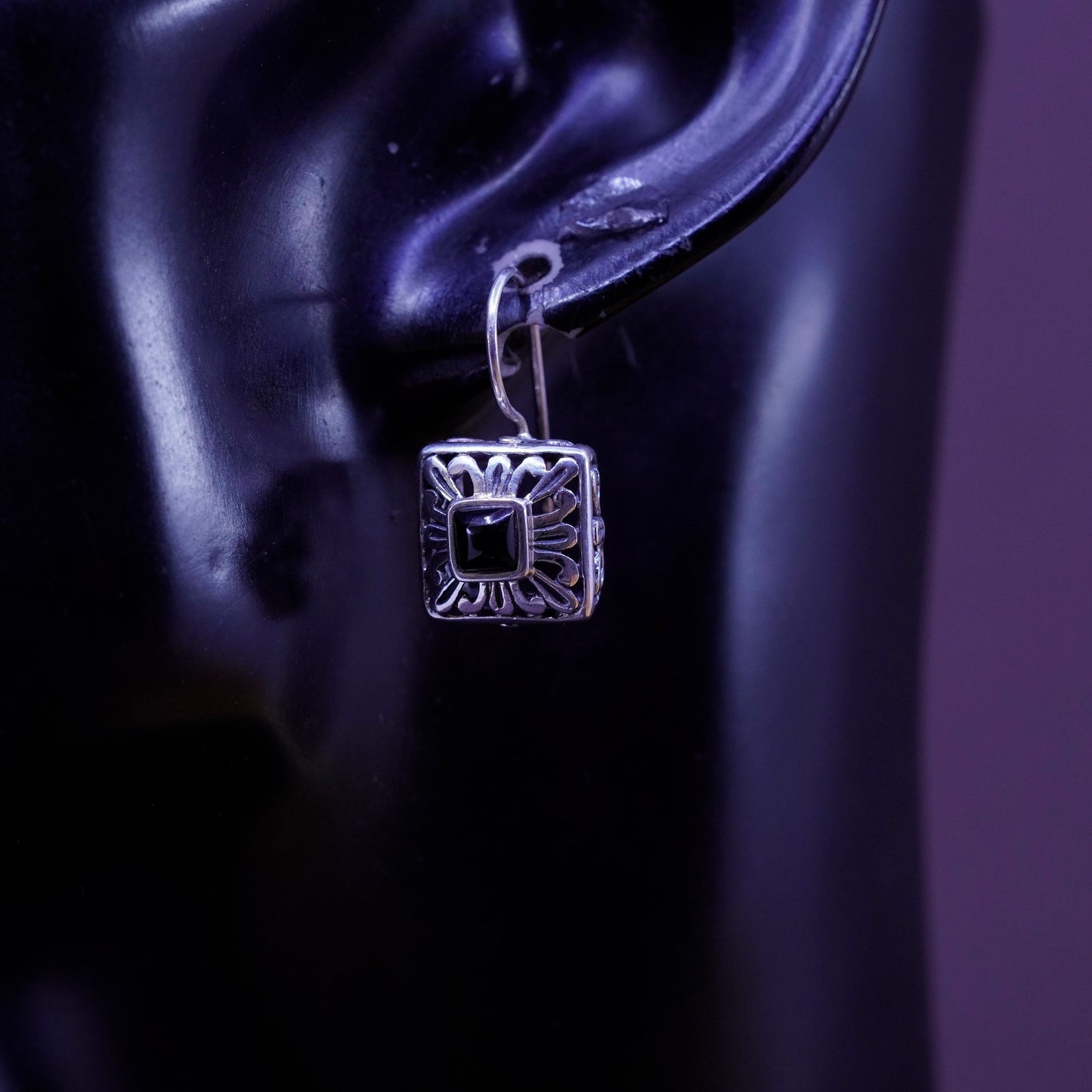 Vintage Sterling 925 silver handmade earrings with square obsidian and beads