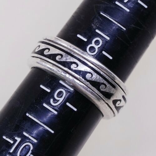 Sz 8.5, Vtg Sterling Silver Handmade Ring, 925 Spinner Band W/ Wavy Pattern