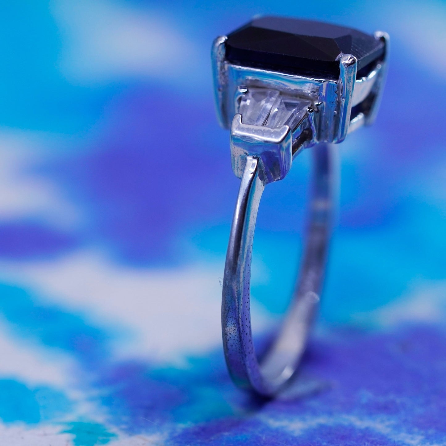 Size 8.25, vintage Sterling 925 silver handmade ring with sapphire and crystal