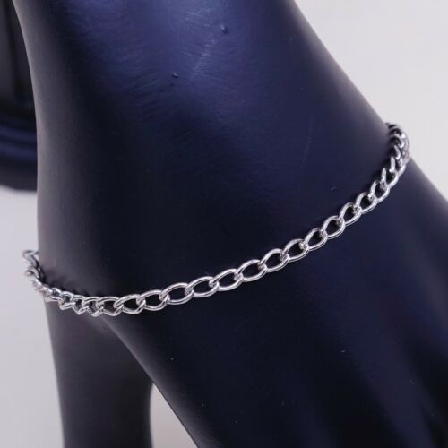 7”, 4mm, Vtg Sterling 925 Silver Handmade Bracelet, curb Chain, Stamped Ster