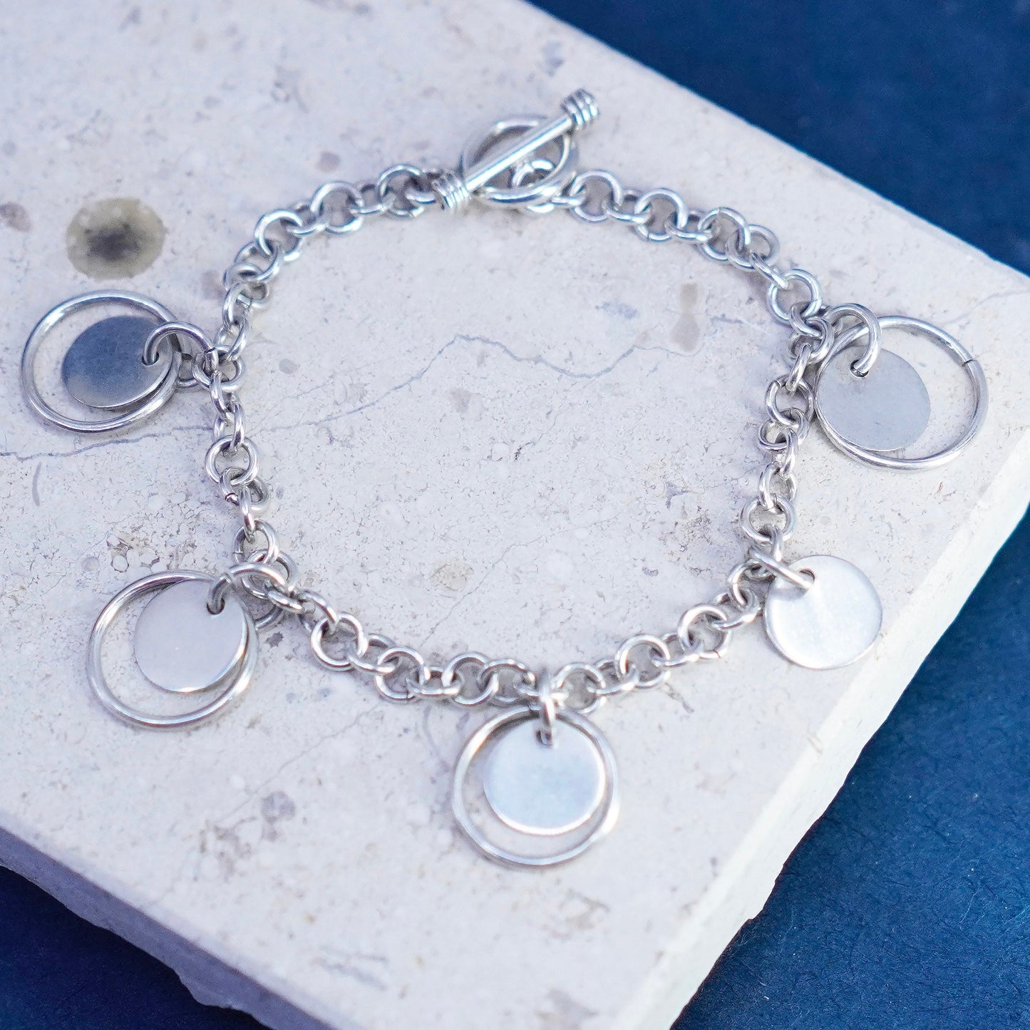 6.75”, Sterling silver handmade bracelet, 925 bold circle link chain with discs