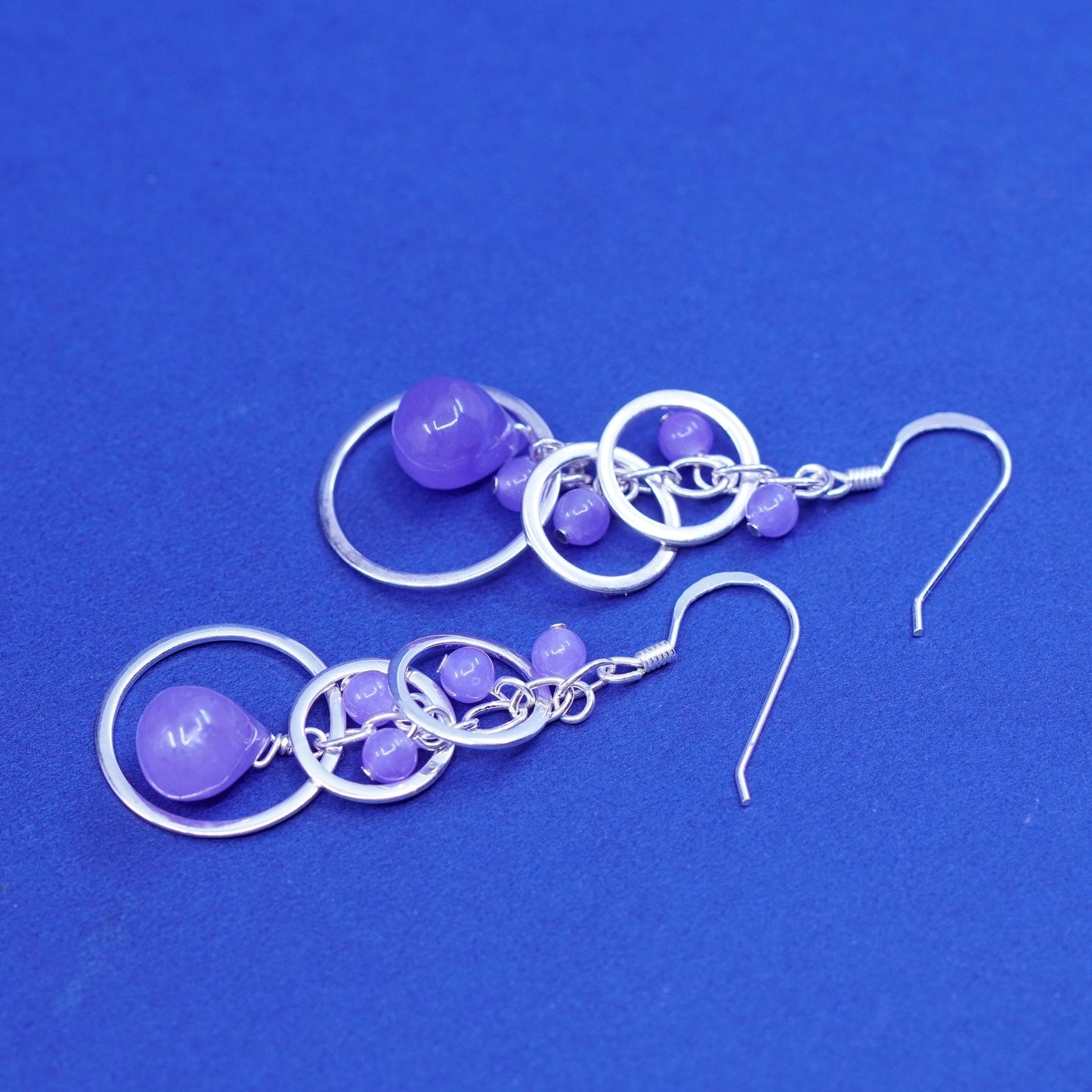 Vintage sterling silver handmade earrings, 925 circles w/ bead amethyst dangles