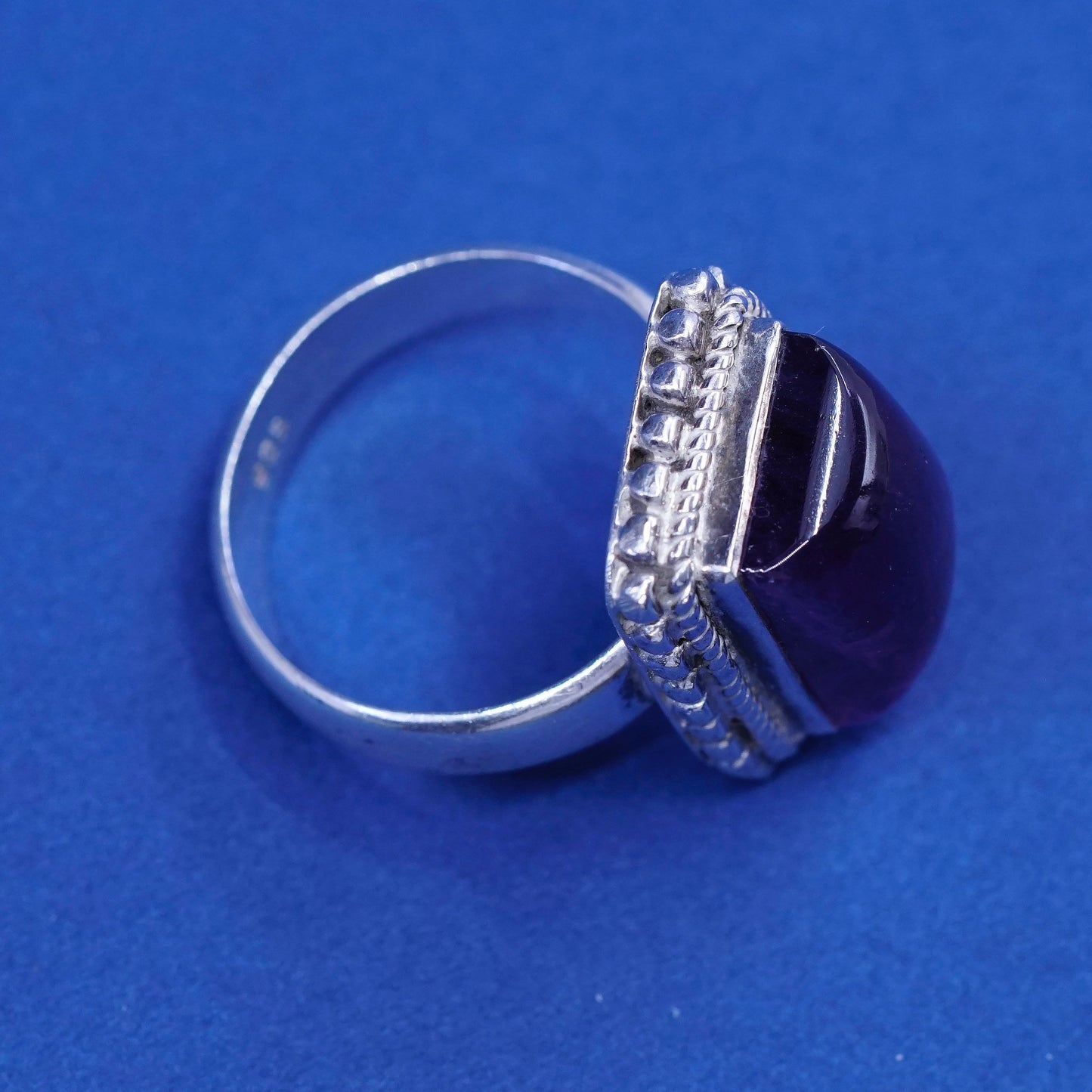Size 8, vintage Sterling 925 silver handmade ring with amethyst and beads