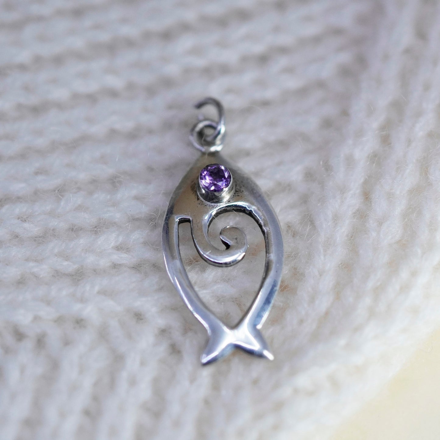 Vintage sterling silver fish bone charm with amethyst, 925 pendant
