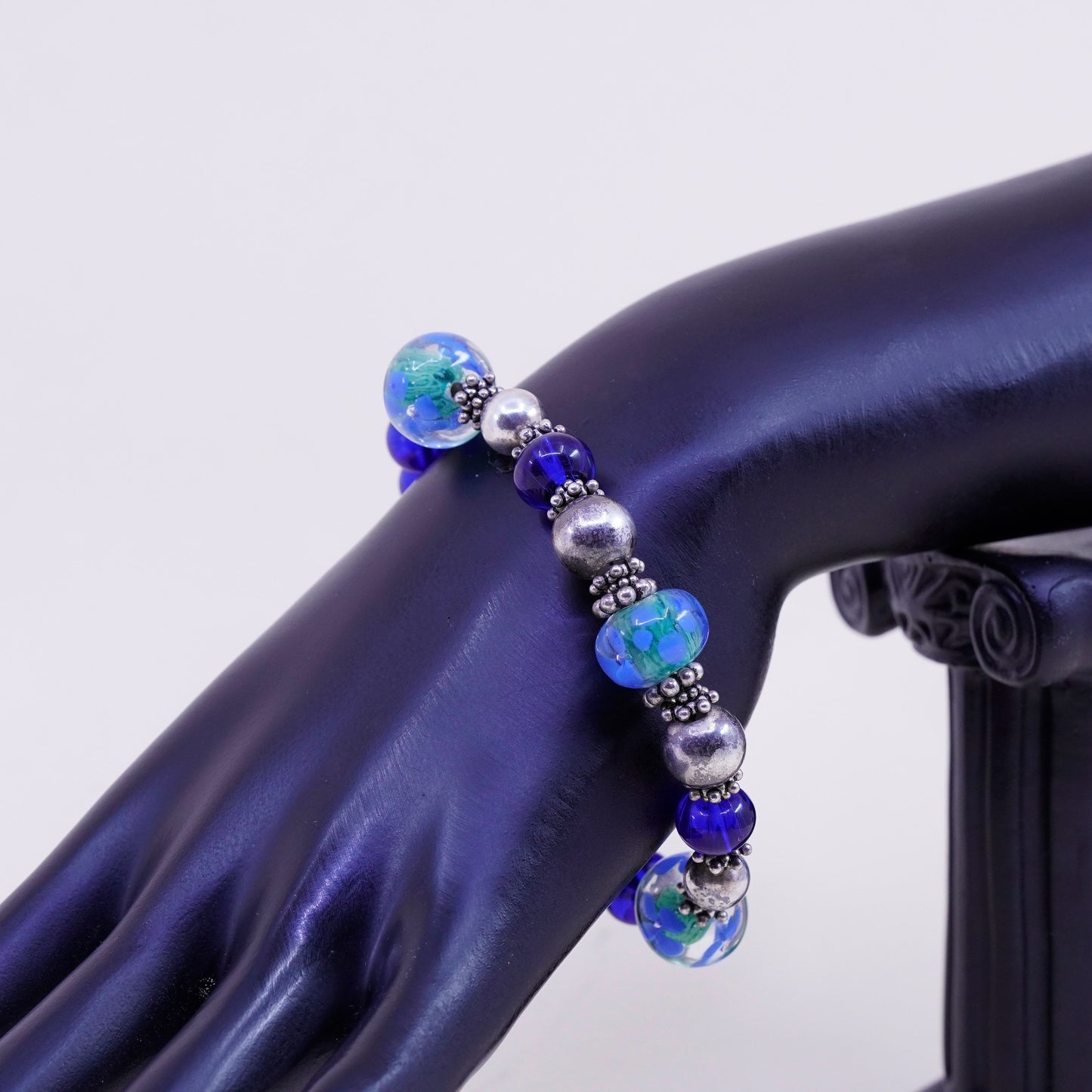 7.75”, vintage 925 Sterling silver bracelet with artisan blue glass beads