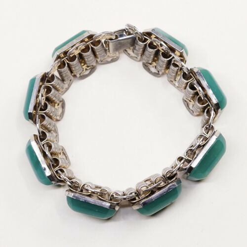 7”, Vintage Statement Sterling Handmade Bracelet, Solid 925 Silver W/ Jade Inlay