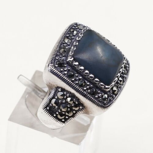 Sz 7.75, Vtg Handmade Sterling 925 Silver Cocktail Ring W/ Turquoise N Marcasite