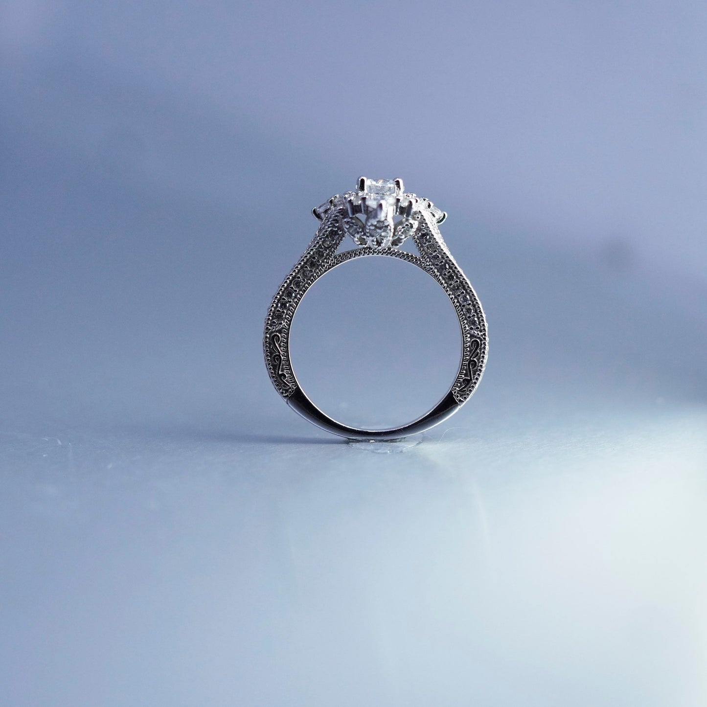 Size 7.5, vintage Sterling 925 silver handmade engagement ring with cluster Cz