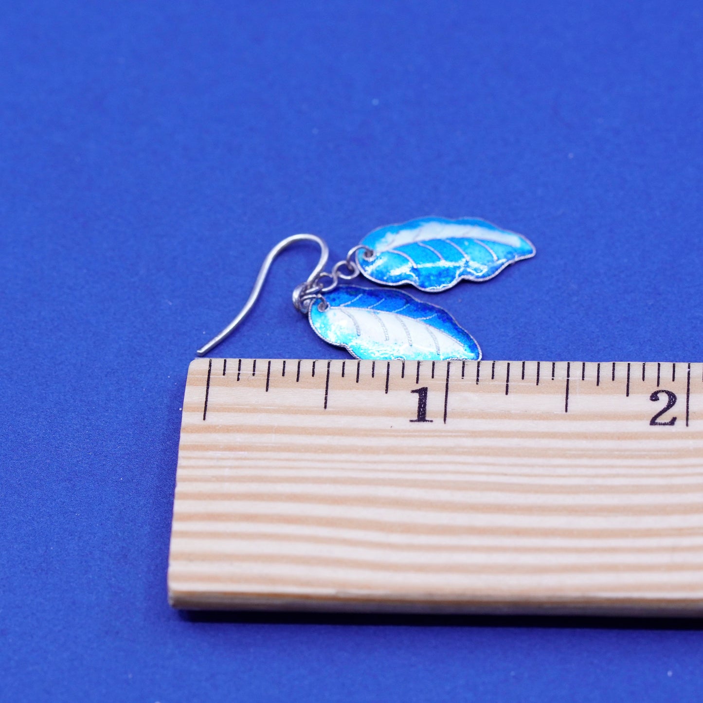 Vintage Sterling 925 silver handmade earrings, blue enamel leaves