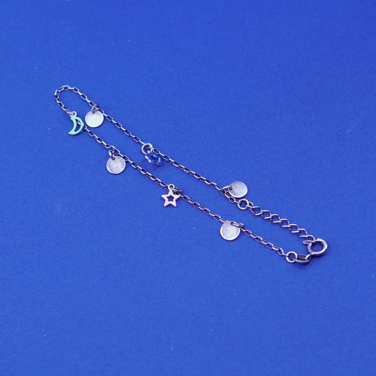 9+1”, Sterling silver bracelet, 925 elongated anklet w/ flower moon star charms