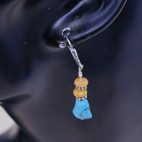Vtg STERLING 925 SILVER Handmade earrings with Turquoise N Citrine Besdd
