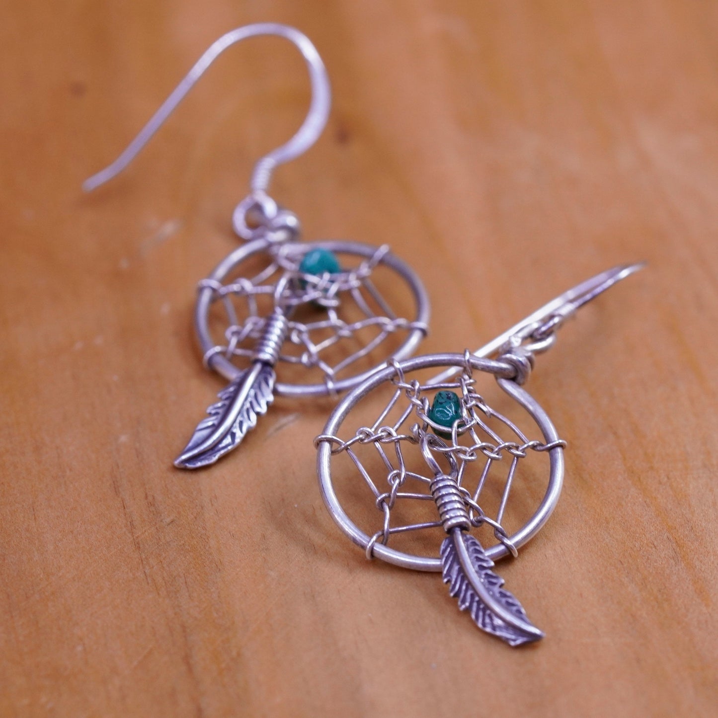 Vintage Sterling 925 silver handmade net earrings with turquoise and feather