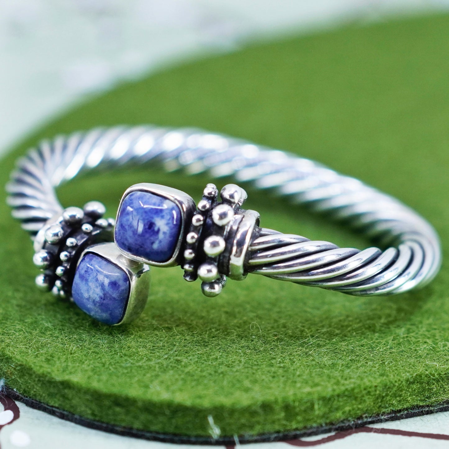 6”, vintage Sterling silver bracelet, handmade 925 cable cuff with sodalite