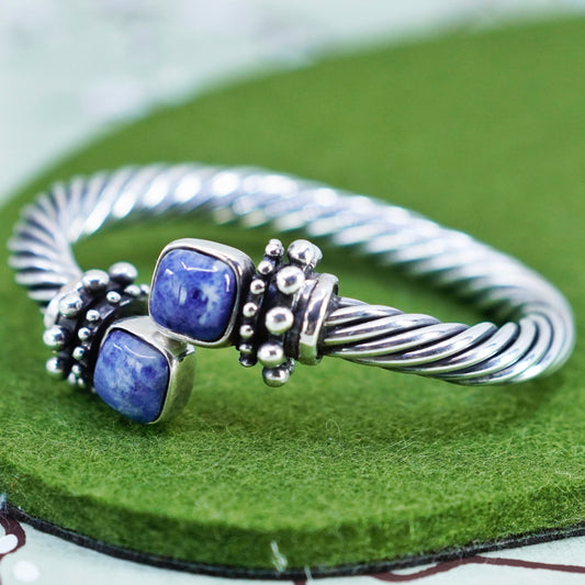 6”, vintage Sterling silver bracelet, handmade 925 cable cuff with sodalite