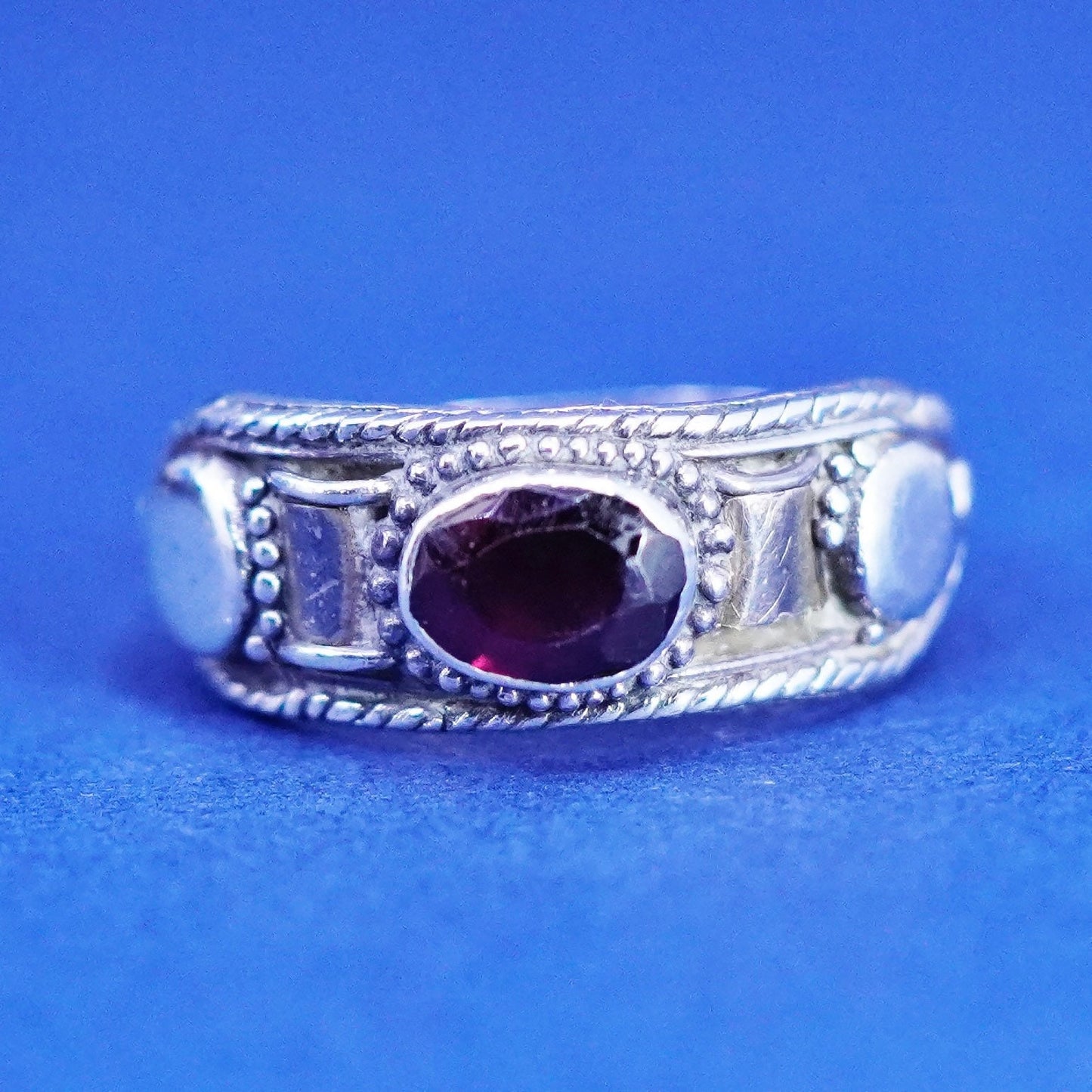 Size 7.75, vintage Sterling 925 silver handmade ring, 925 stackable band ruby