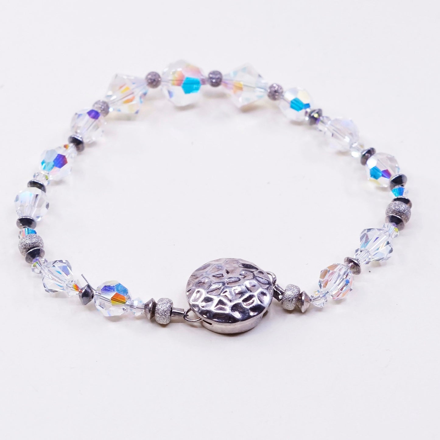 6.5”, vtg sterling silver handmade bracelet, 925 clasp with crystal beads