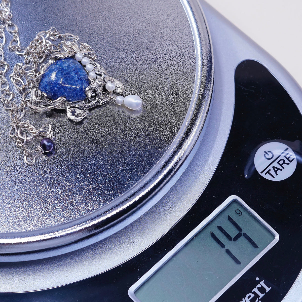 18" Israel sterling silver 925 necklace figaro chain W sodalite pendant N pearl