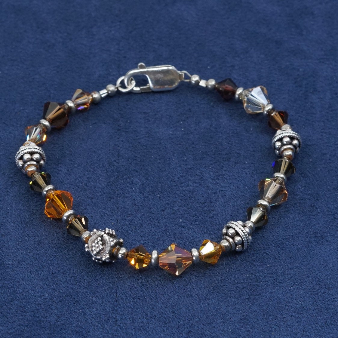 7", vtg handmade sterling silver bracelet, colorful glass beads, stamped 925