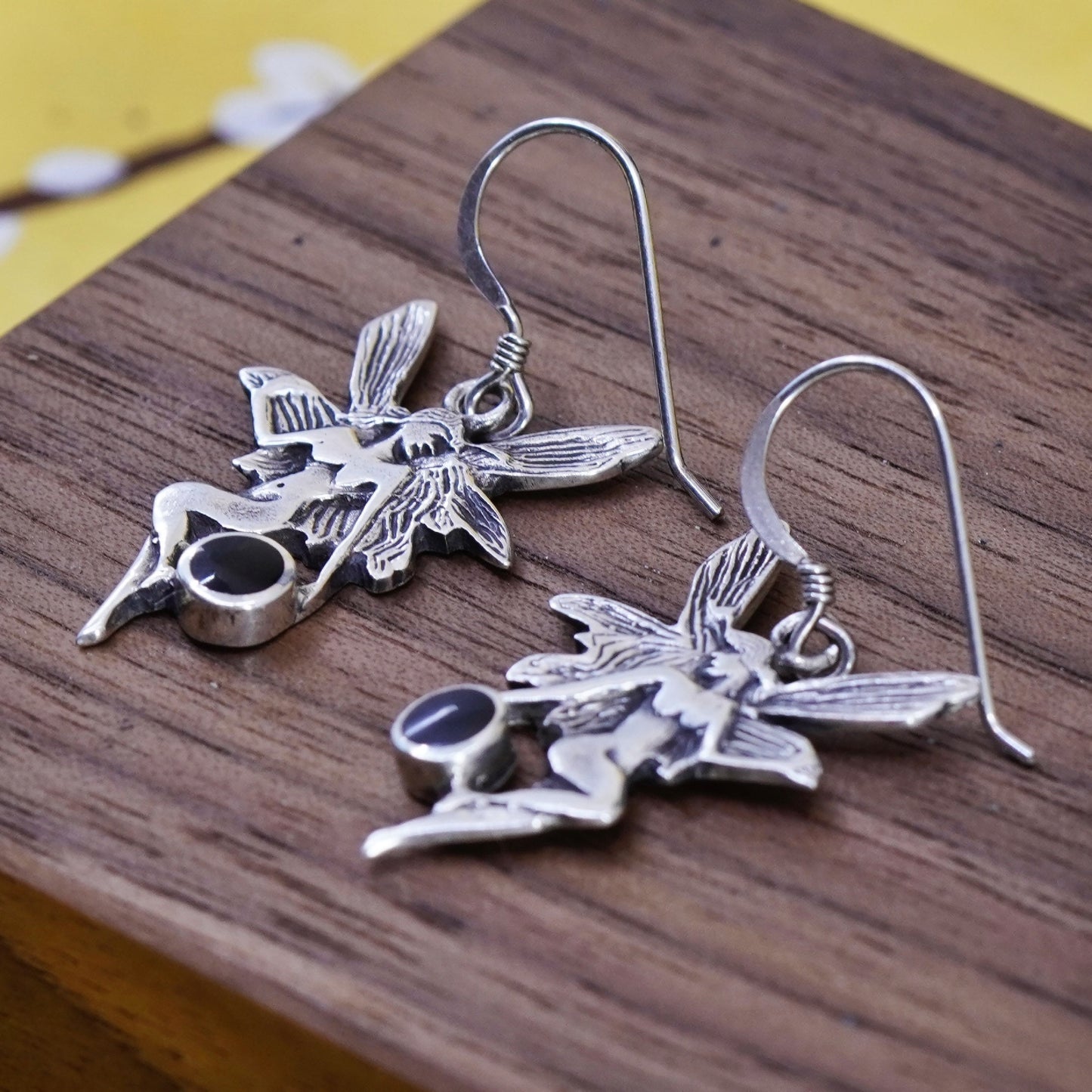 Vintage Sterling silver handmade earrings, Mexican 925 fairy dangles with onyx