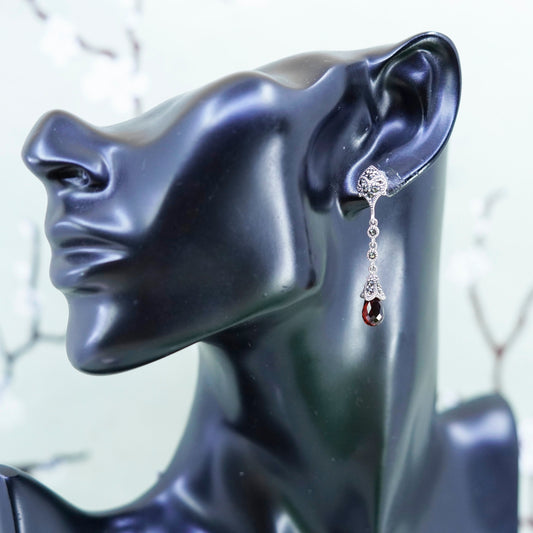 Vintage sterling 925 silver handmade earrings with teardrop garnet Marcasite