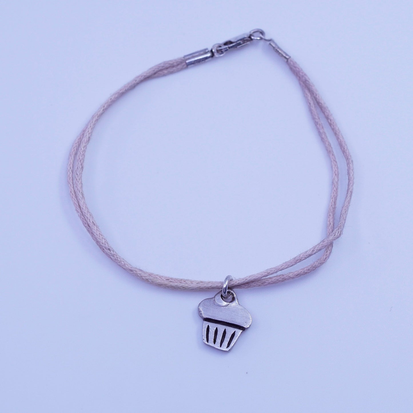 6.75”, sterling 925 silver handmade bracelet with linen thread cupcake charm