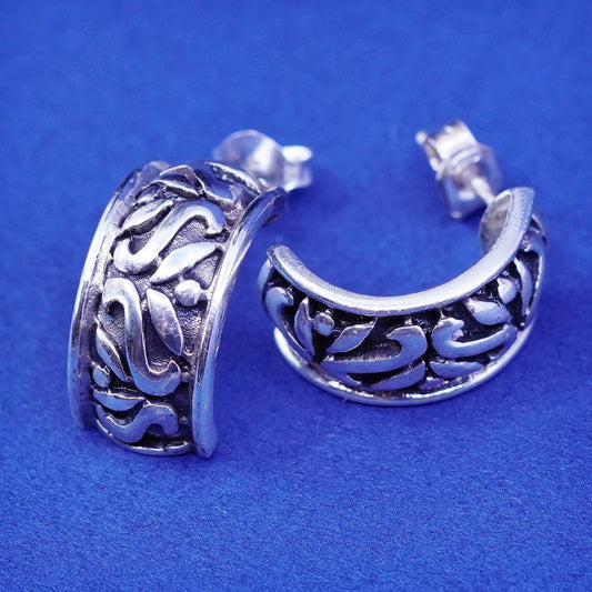 0.5”, Vintage Sterling silver handmade earrings, 925 Huggie studs with filigree
