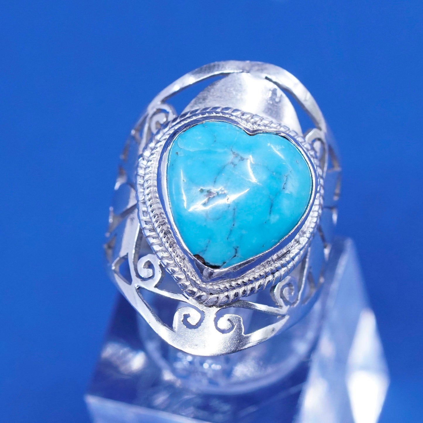 sz 7.5, Sterling 925 silver handmade ring w/ heart turquoise N swirl filigree