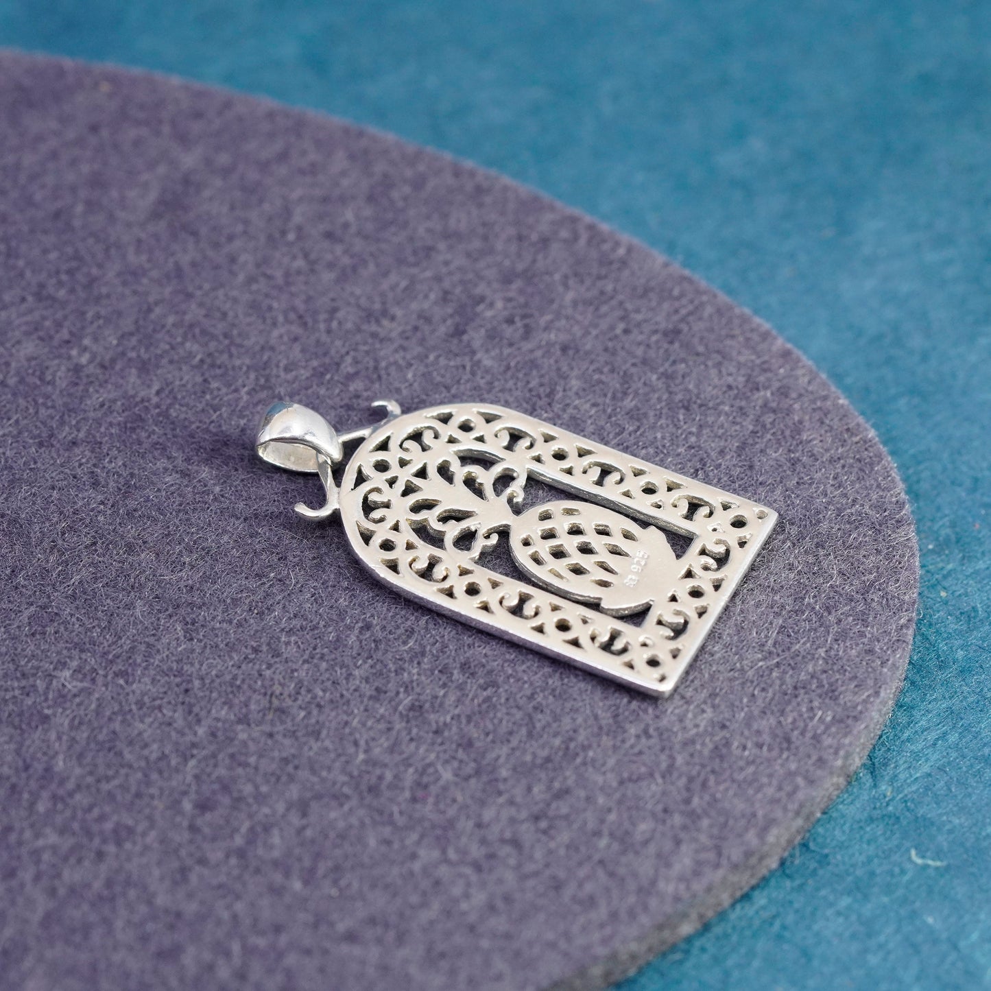 Vintage sterling 925 silver handmade pendant, filigree pine apple charm