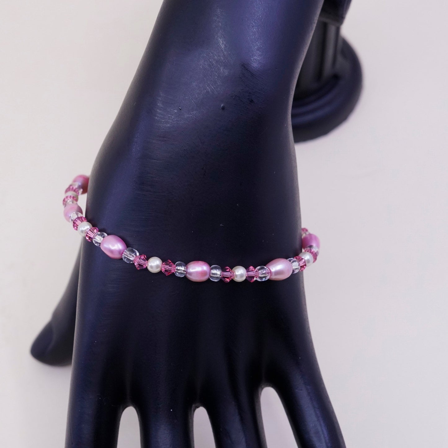 7.5”, Vintage handmade bracelet, pink pearl and crystal with 925 silver clasp