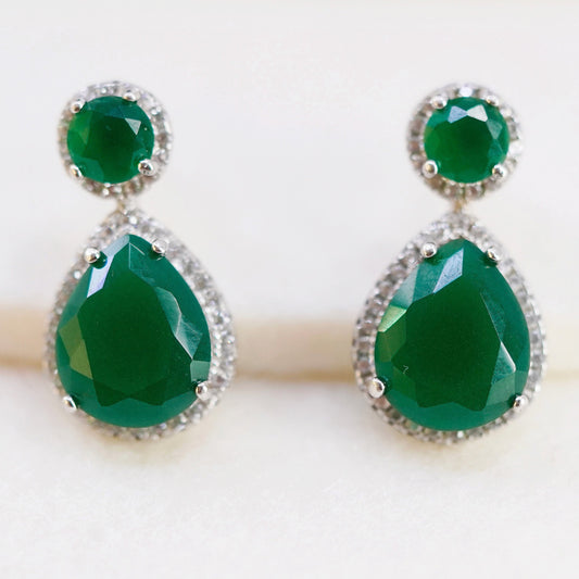 Vintage Sterling 925 silver handmade earrings, studs with teardrop emerald