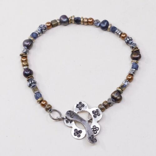 7”, Vtg Handmade Bead Bracelet, Gf Beads W/ Black Pearl W/ Flower Toggle Closure