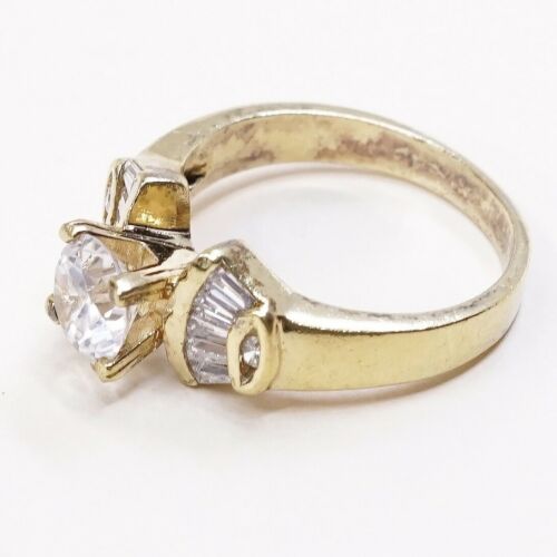 Sz 9, Gold Over Sterling Ring, 925 Engagement Ring W/ Crystal, Stamped 925