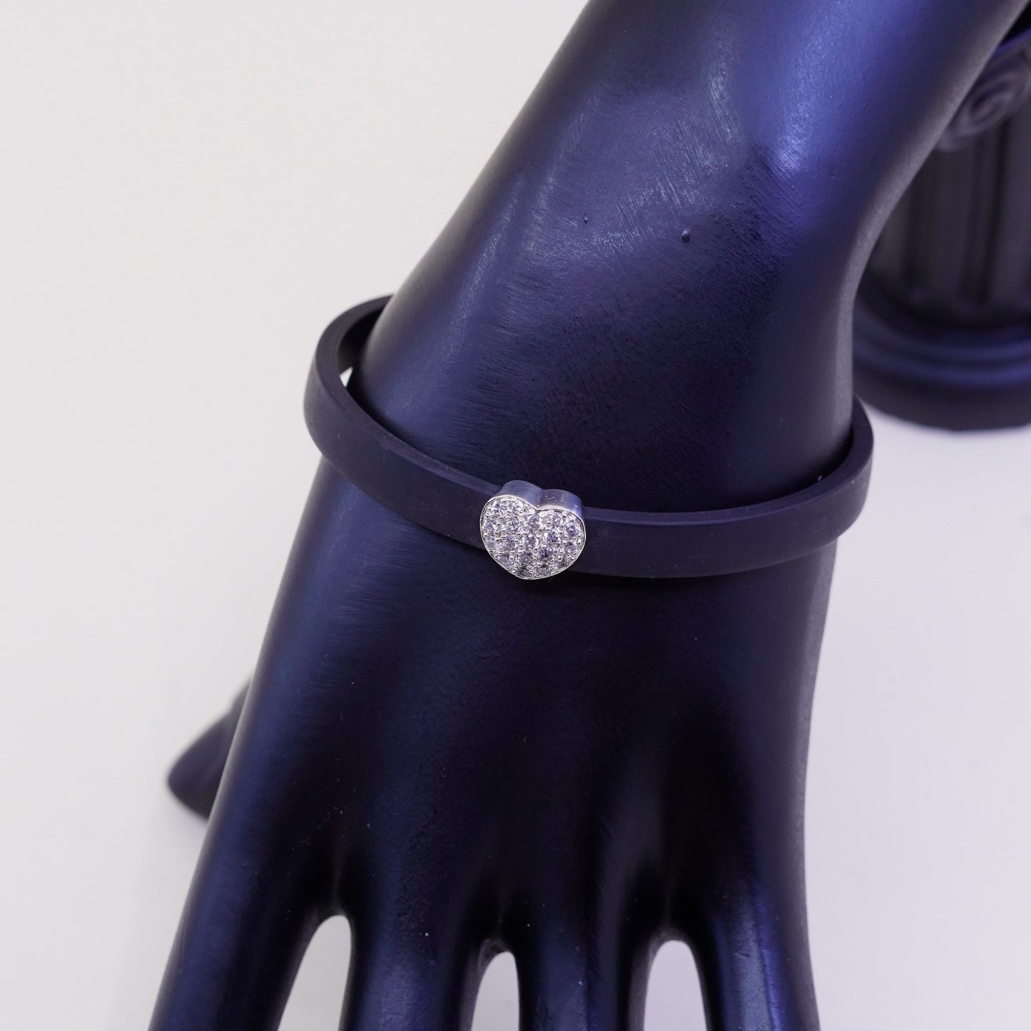 7”, Vintage black rubber bracelet with sterling 925 silver heart and cluster Cz