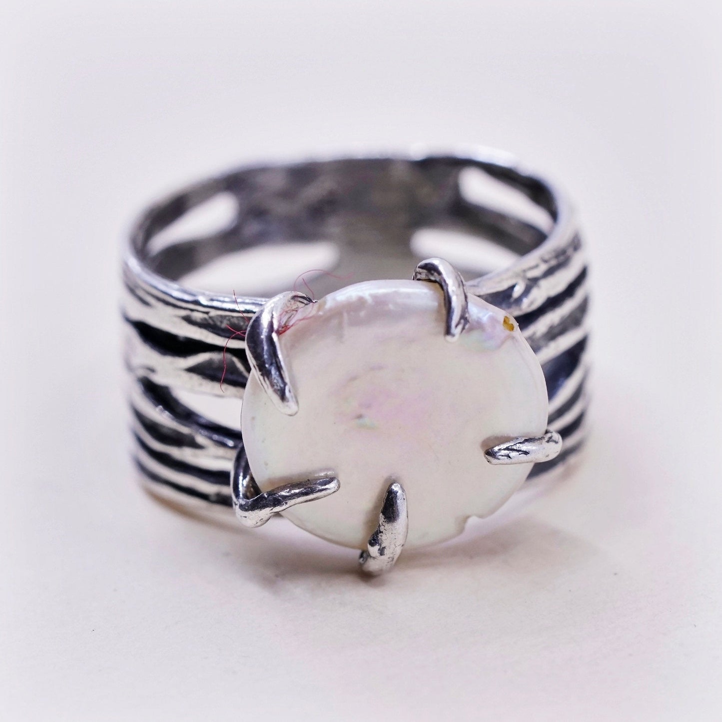 sz 8, vtg Israel Shube sterling silver ring, handmade 925 band with coin pearl