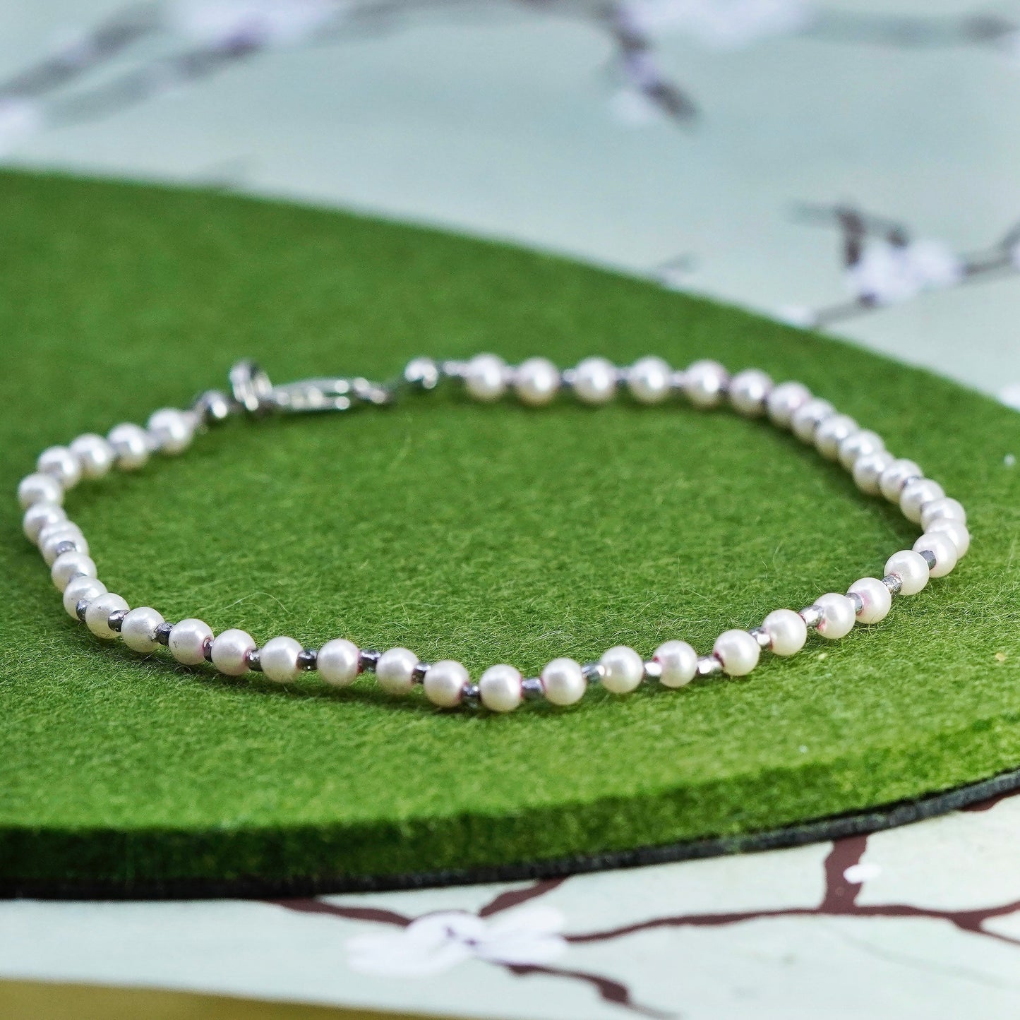 9.75”, Vintage handmade anklet bracelet, freshwater pearl with 925 silver clasp