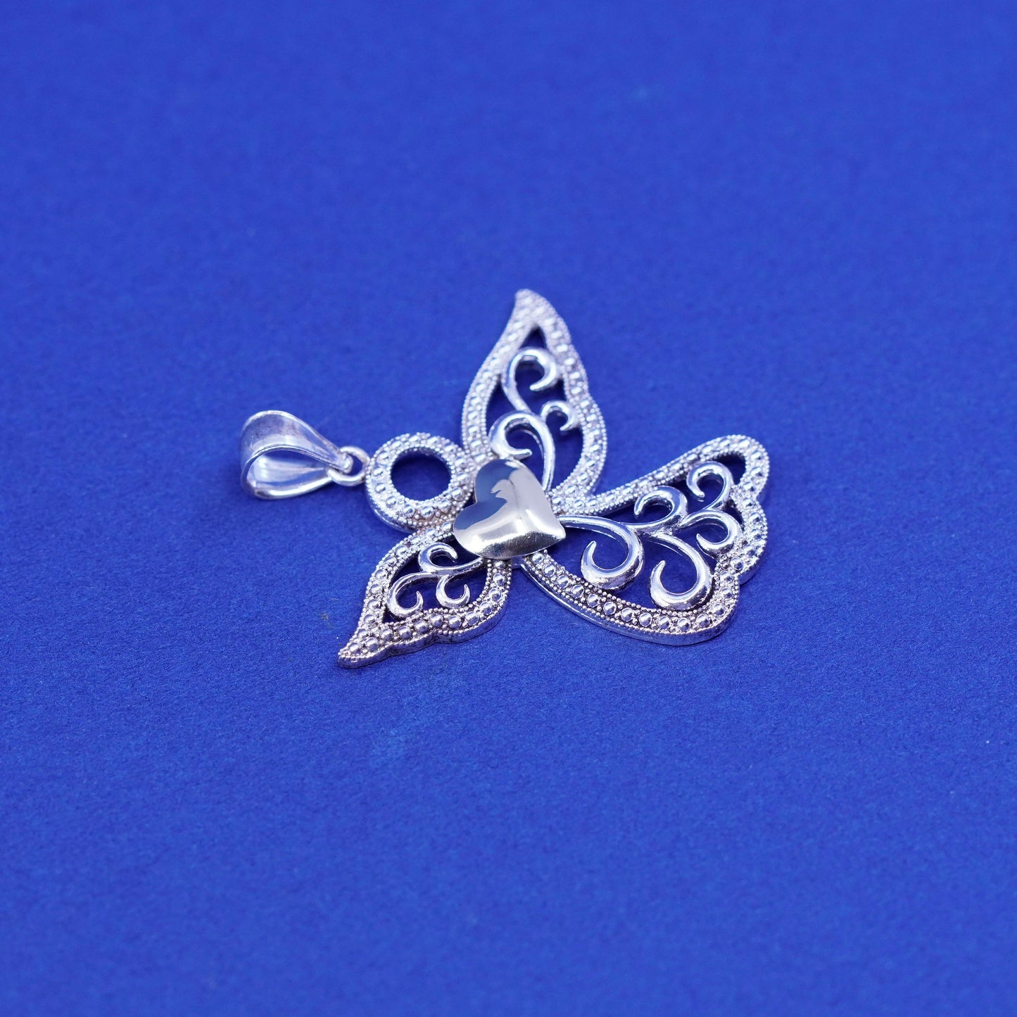 Sterling silver handmade pendant, 925 two tone filigree angel w/ 14K gold heart