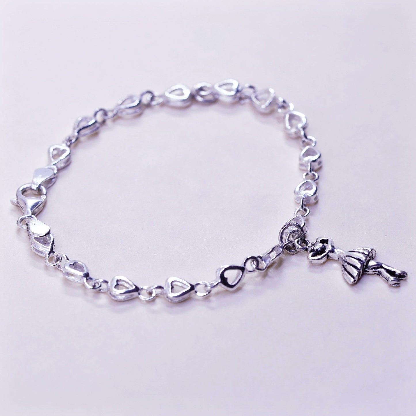 7”, Vintage sterling silver bracelet, 925 heart chain w/ girl ballerina dancer