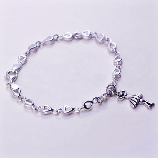 7”, Vintage sterling silver bracelet, 925 heart chain w/ girl ballerina dancer