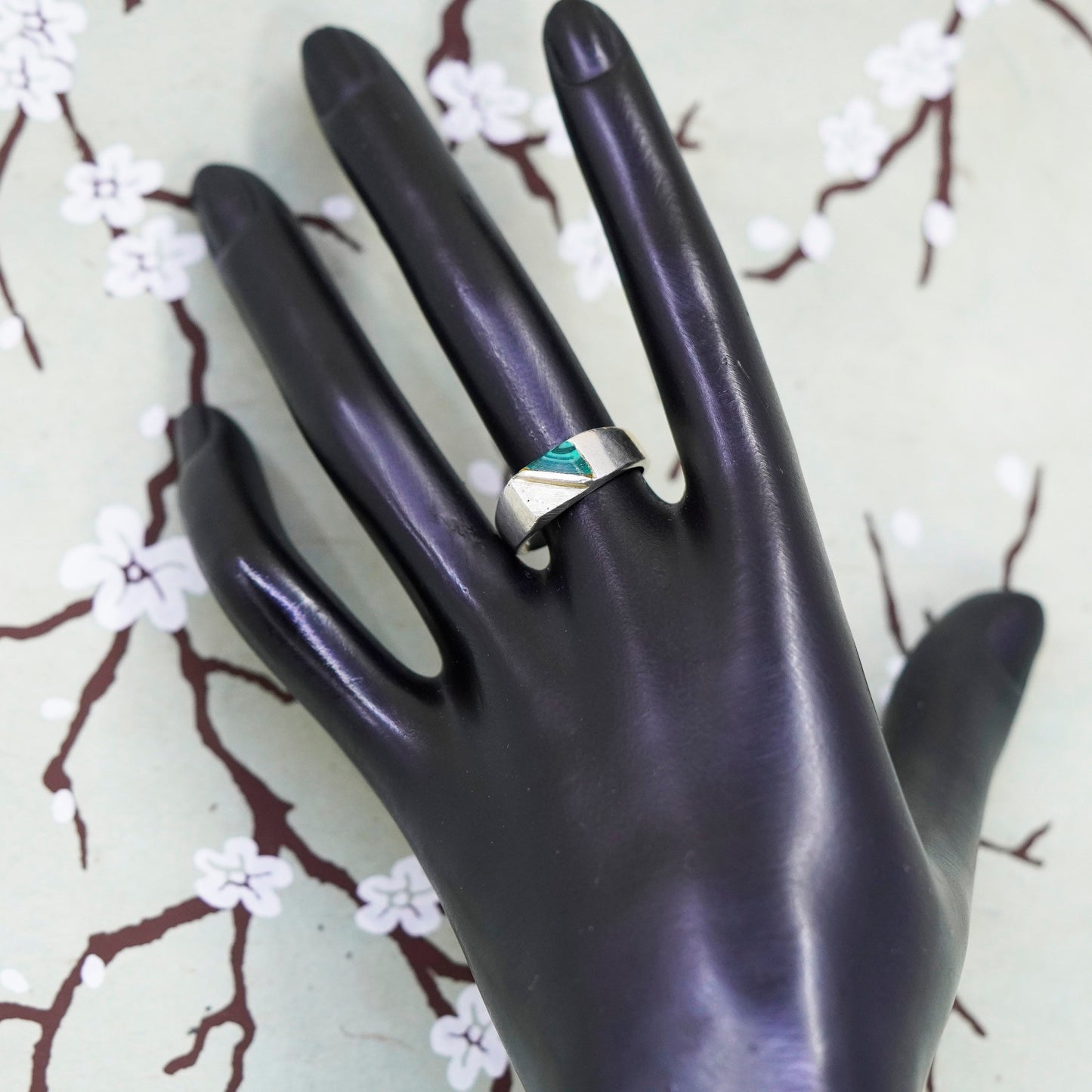 Size 8, Sterling silver handmade ring, antique 925 stackable band w/ malachite
