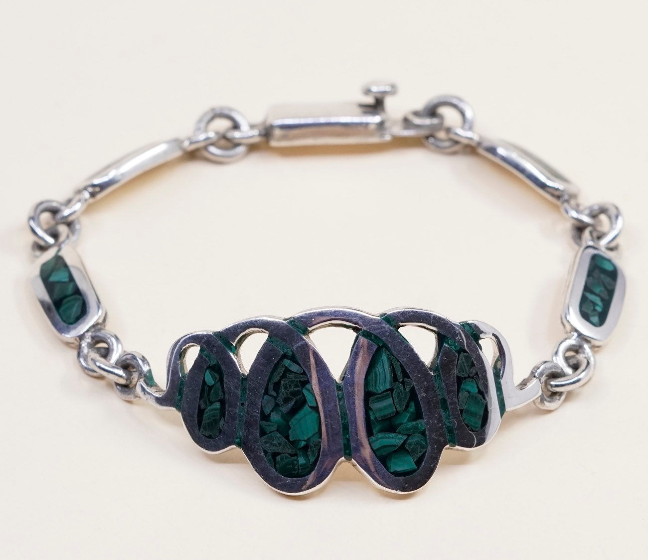 7.5", VTG mexico Sterling silver Handmade bracelet, Mexico 925 w/ malachite