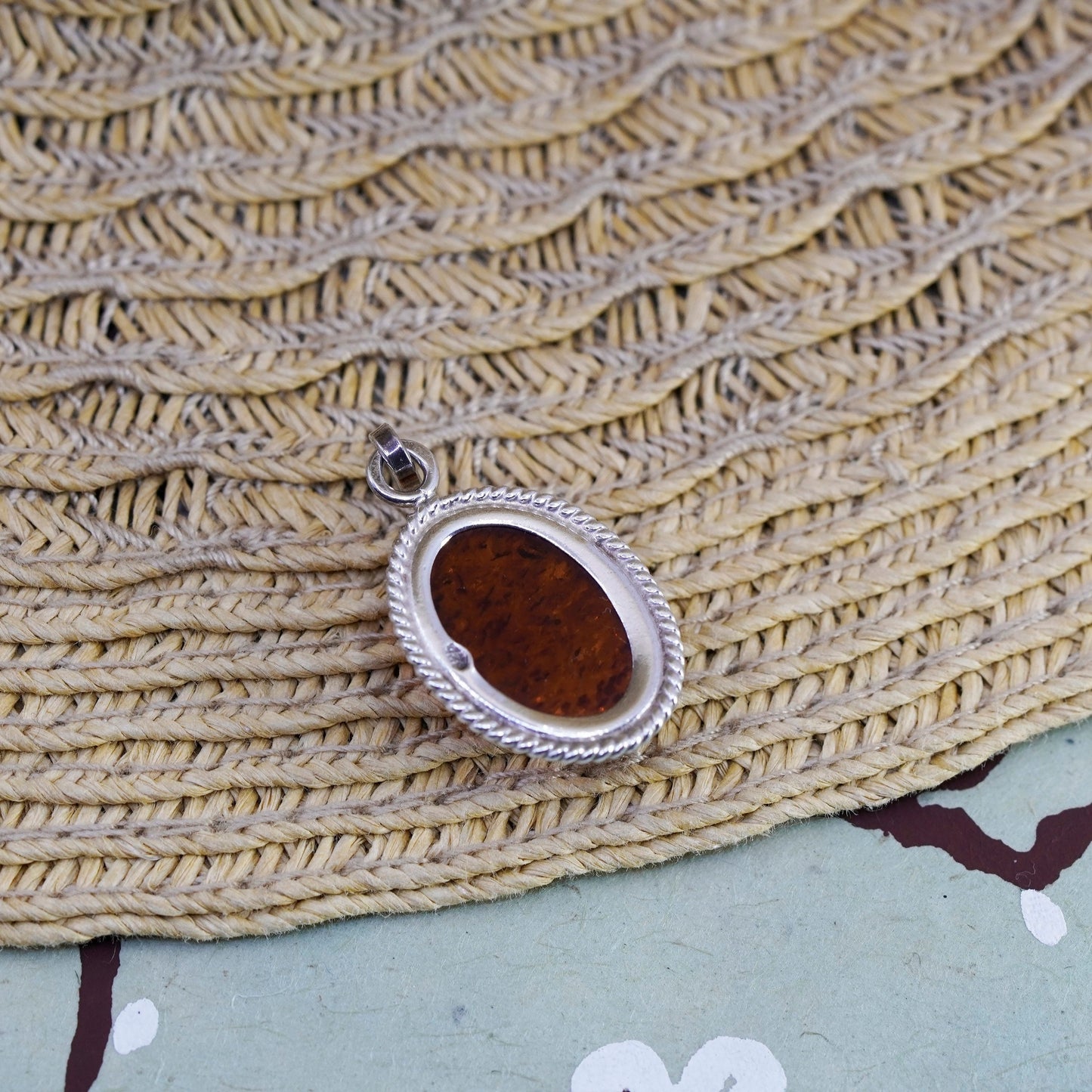 Vintage modern Sterling 925 silver handmade pendant with oval Amber and cable