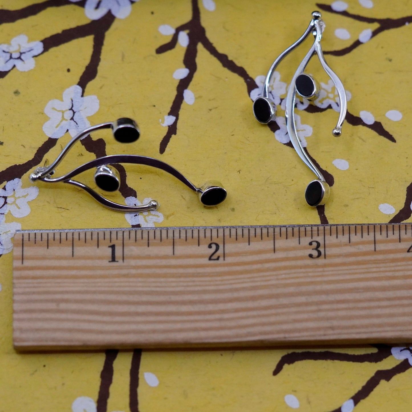 Vintage sterling silver handmade earrings, 925 wavy studs with obsidian