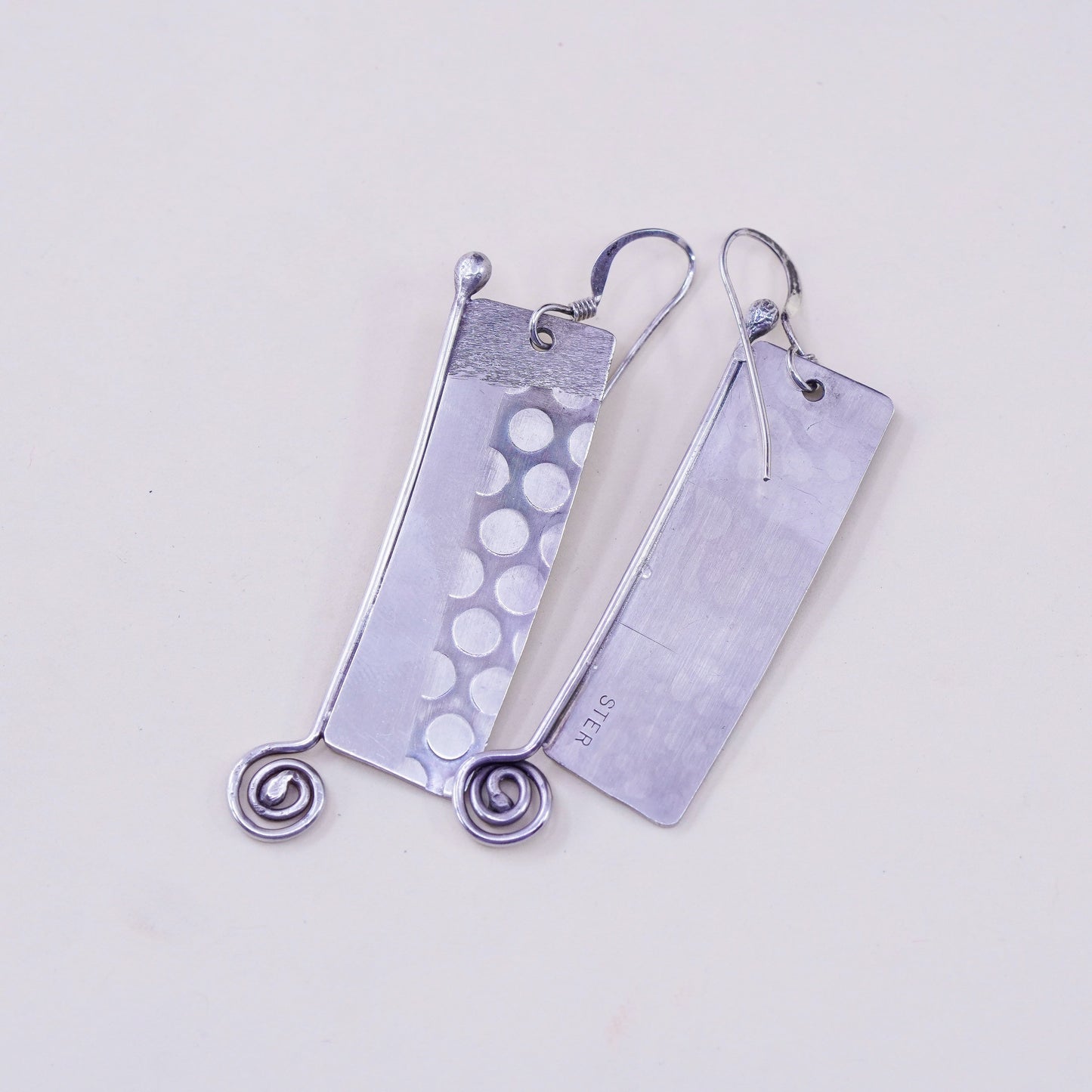 Vintage modern sterling silver handmade earrings, 925 swirl disc w/ dots