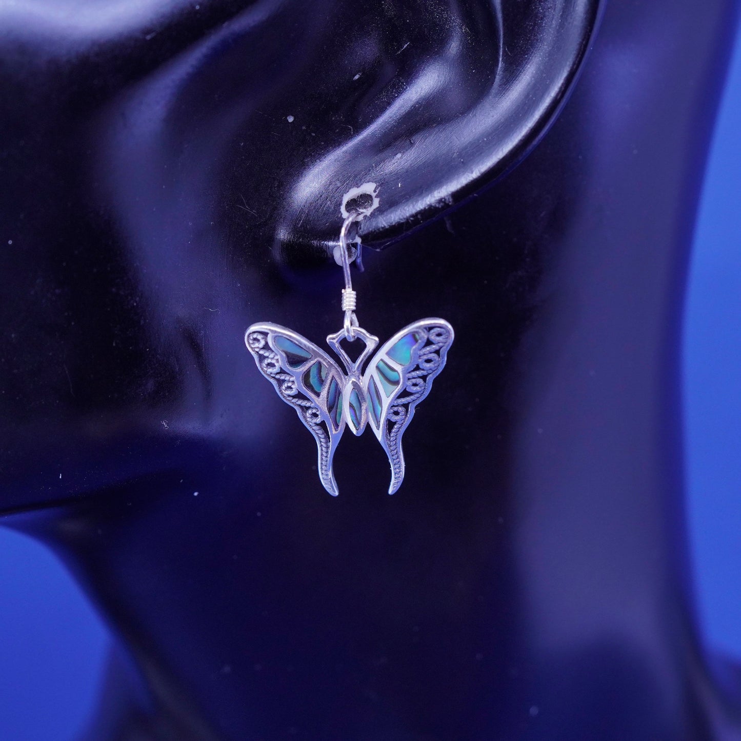 EJI Sterling silver handmade dangles, 925 filigree butterfly earrings abalone