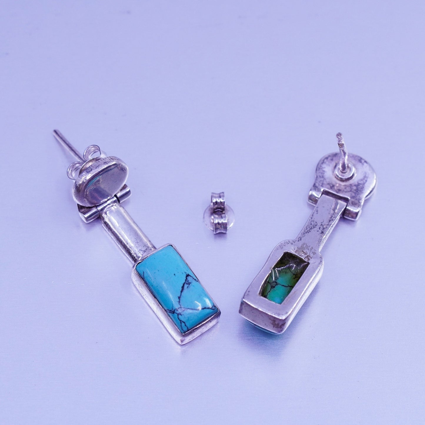 Vintage Sterling 925 silver handmade earrings with rectangular turquoise