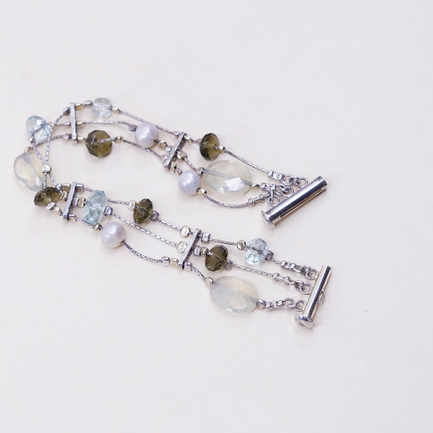 7”, Vintage Sterling 925 silver handmade bracelet, pearl with crystal topaz