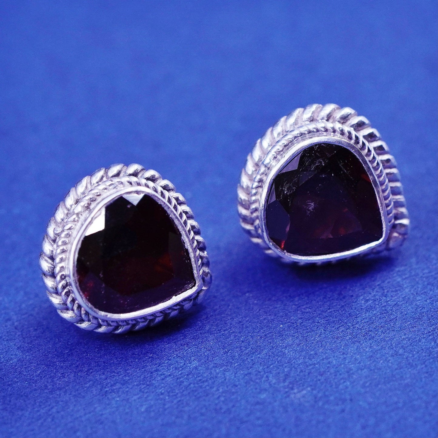 Vintage sterling silver handmade earrings, 925 studs with ruby and cable