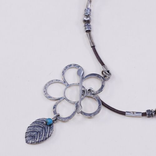18”, Vtg Israel Sterling 925 Silver Flower Leaf Oendant W/ Leather Necklace