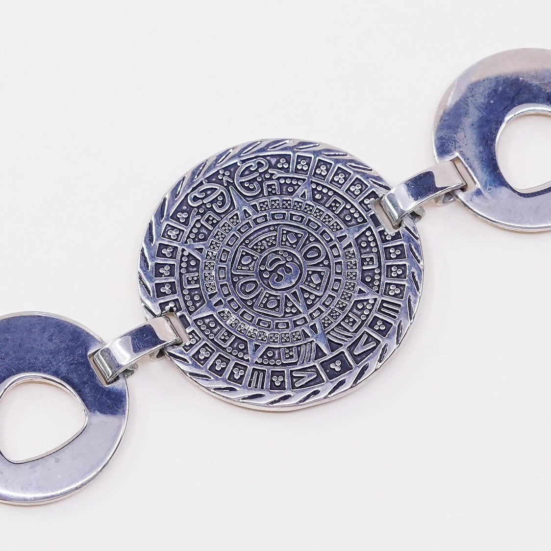 7.5”, VTG Sterling silver handmade bracelet, 925 Aztec perpetual calendar links