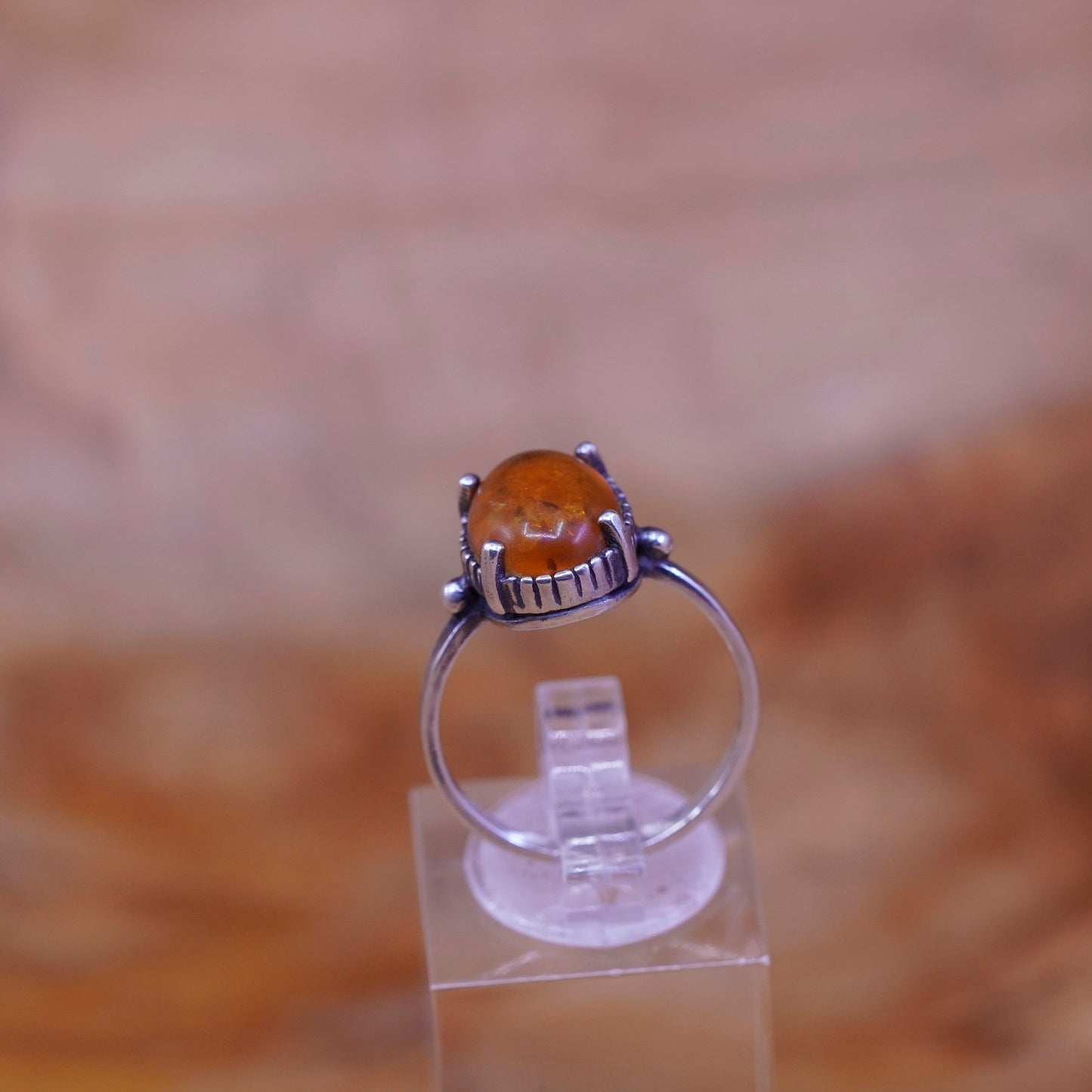 Size 8, vintage Sterling 925 silver handmade ring with oval amber